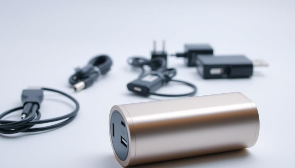 A high-quality, rechargeable battery pack sits prominently in the foreground, its sleek metallic casing and visible charging ports conveying a sense of modern technology. The middle ground features a selection of charging cables and adaptors, neatly arranged to demonstrate the battery's versatility. In the background, a clean, minimalist setting with soft, diffused lighting creates a calm, informative atmosphere, allowing the battery to be the focal point. The overall composition emphasizes the battery's key features - its rechargeable nature, power capacity, and compatibility - making it an ideal visual representation for the article's section on rechargeable batteries.
