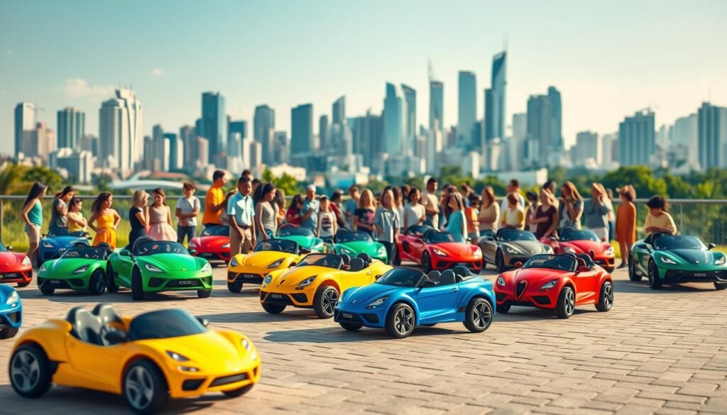 A lively and colorful scene of affordable electric toy cars for children, set against the vibrant backdrop of a bustling Brazilian city. In the foreground, an assortment of compact, battery-powered vehicles in various vibrant hues zip and zoom across a paved path, their sleek designs and shiny exteriors capturing the imaginations of young onlookers. In the middle ground, a diverse array of children of all ages eagerly gather around, testing the cars' speed and maneuverability with delighted expressions. In the background, the skyline of a modern Brazilian metropolis stands tall, its skyscrapers and infrastructure representing the country's growing embrace of this emerging trend. Warm, natural lighting filters through, lending a sense of energy and enthusiasm to the entire scene.