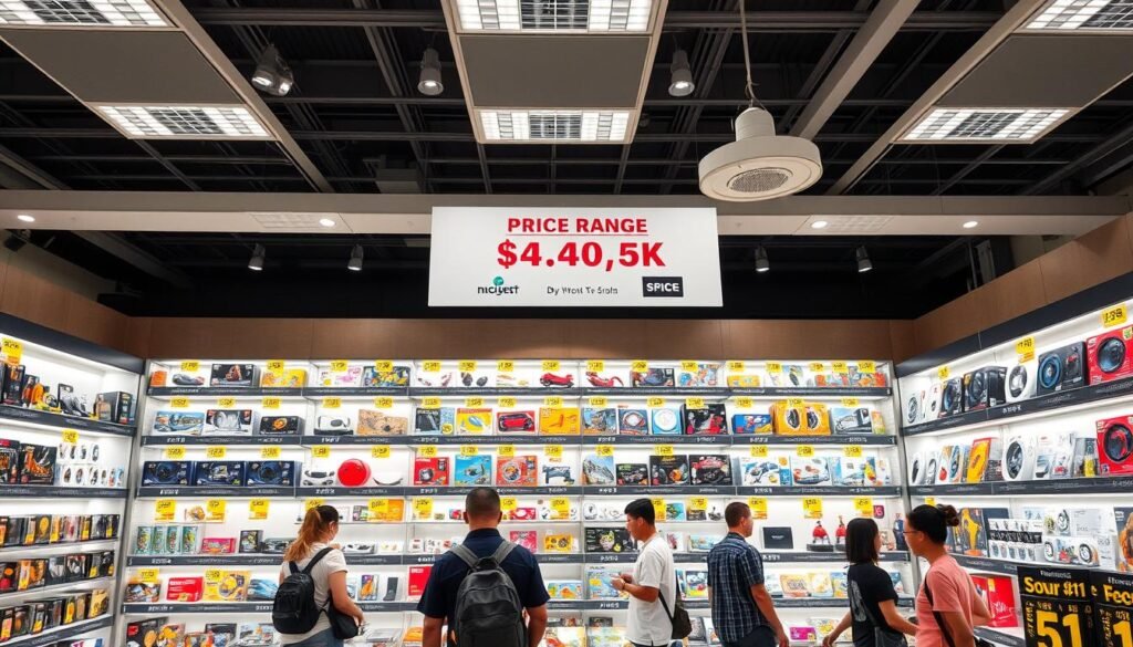 A modern retail store interior with a prominent price range display. Bright overhead lighting illuminates a series of tiered shelves showcasing various electronic toys. The shelves are arranged in a visually appealing grid pattern, each section labeled with clear pricing information. Shoppers browse the selection, examining the different price points. The atmosphere is clean, organized, and inviting, with a sense of consumer-friendly transparency. The camera angle is slightly elevated, providing a comprehensive view of the store layout and pricing presentation.