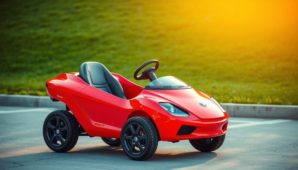 A vibrant, low-cost electric kid's car, parked on a smooth, paved surface with a warm, afternoon sunlight illuminating its sleek, compact design. The vehicle features a bold, primary color scheme, likely red or blue, with a simple, intuitive control panel and ample space for a single child passenger. The car's design is both playful and practical, with sturdy, durable construction that would safely transport a young rider. In the background, a lush, green lawn or park setting provides a natural, inviting backdrop, creating an overall sense of joy and adventure for the young driver.