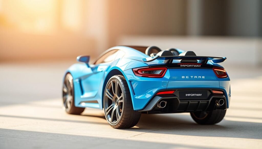 A well-designed and reliable electric toy car, the "Importway" model stands out with its vibrant colors and sleek, modern aesthetic. Captured in a warm, natural lighting setup, the car is positioned at a dynamic angle, showcasing its smooth curves and dynamic proportions. The detailed, high-quality textures of the plastic components and the metallic accents create a sense of durability and quality craftsmanship. The scene is set against a softly blurred, neutral background, allowing the toy car to be the central focus, projecting an image of trustworthiness and dependability that appeals to parents seeking a safe and enjoyable playtime experience for their children.